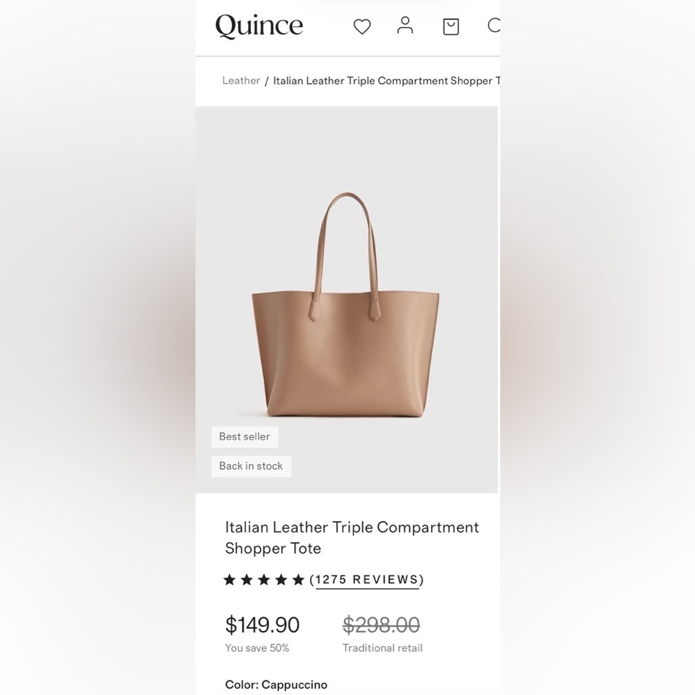 QUINCE- Italian Leather Triple Compartment Tote- Cappuccino
NWT + dust bag - Picture 9 of 11